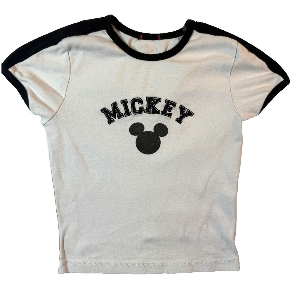 Y2K Disney Mickey Mouse Ringer Tee Youth Girls LG White Black Baby Tee 28
